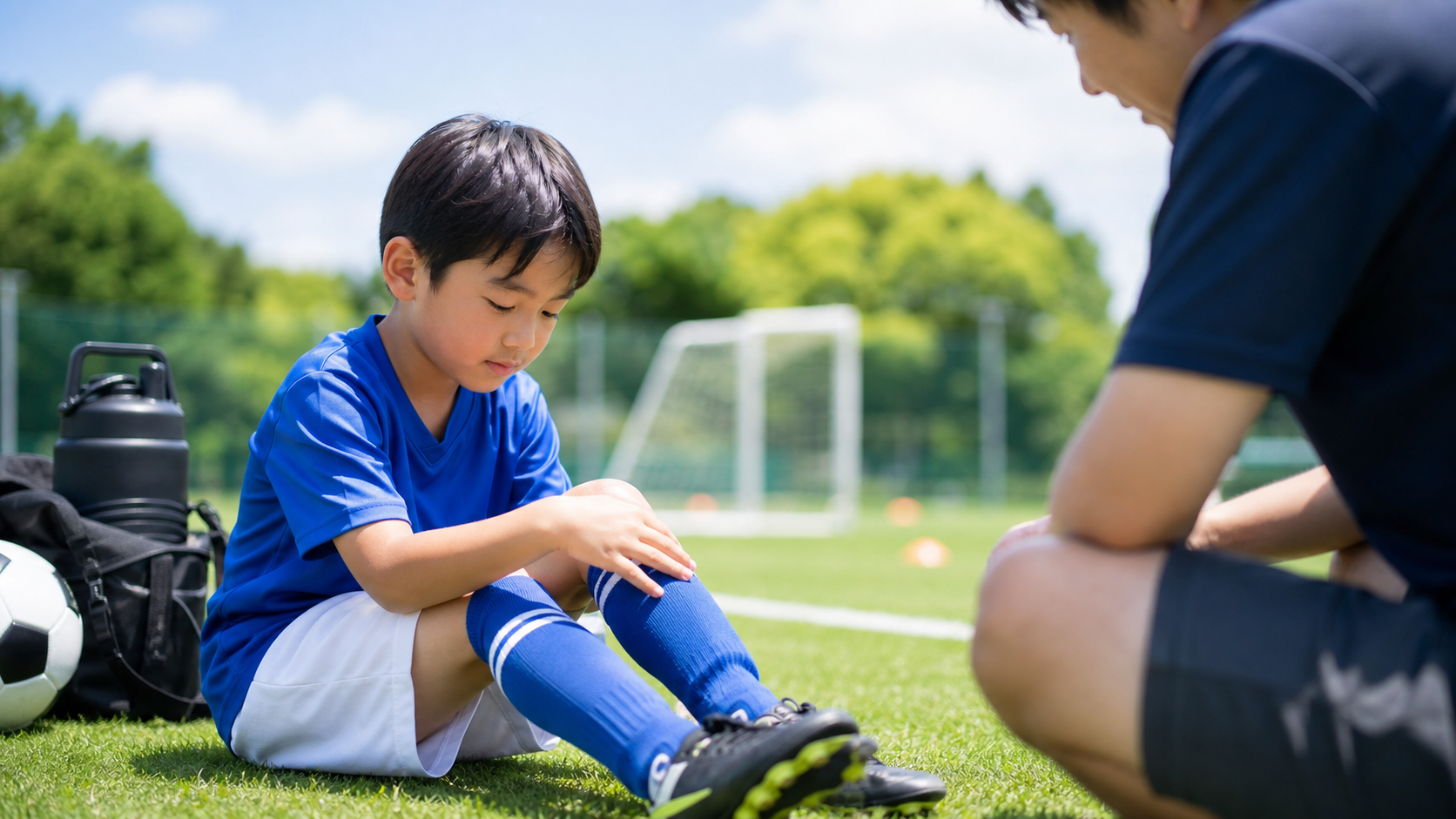 サッカー中の膝や足首の不安を相談する子どものイメージ